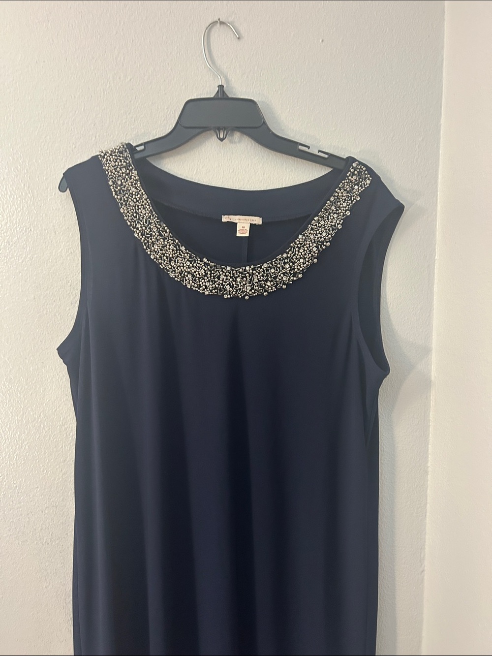 Dress Barn Navy Blue Beaded Neck Overlay Dress - Picture 2 of 4